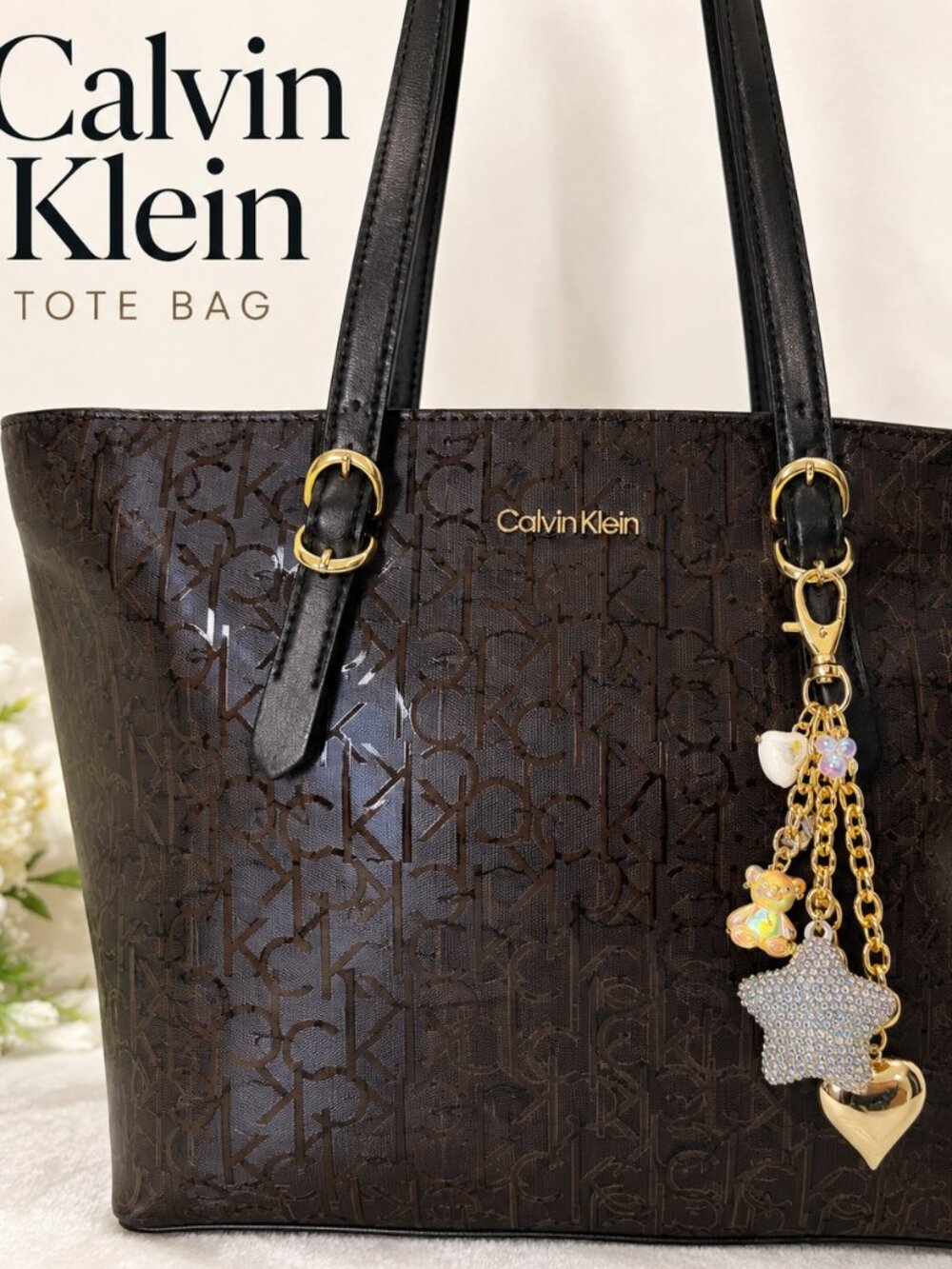Calvin Klein Brown Monogram Tote Bag NWT + 2 Bag Charms